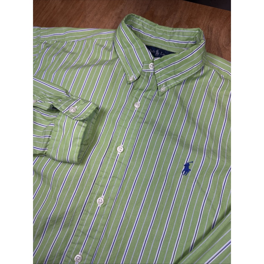 Ralph Lauren Long Sleeve Button Down Shirt Mens XL Green/Blue Stripe Classic Fit